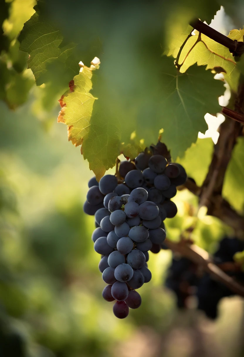 a high-resolution shot of a grapevine in a vineyard, with lush green leaves and clusters of grapes, evoking the beauty and abundance of nature’s harvest
