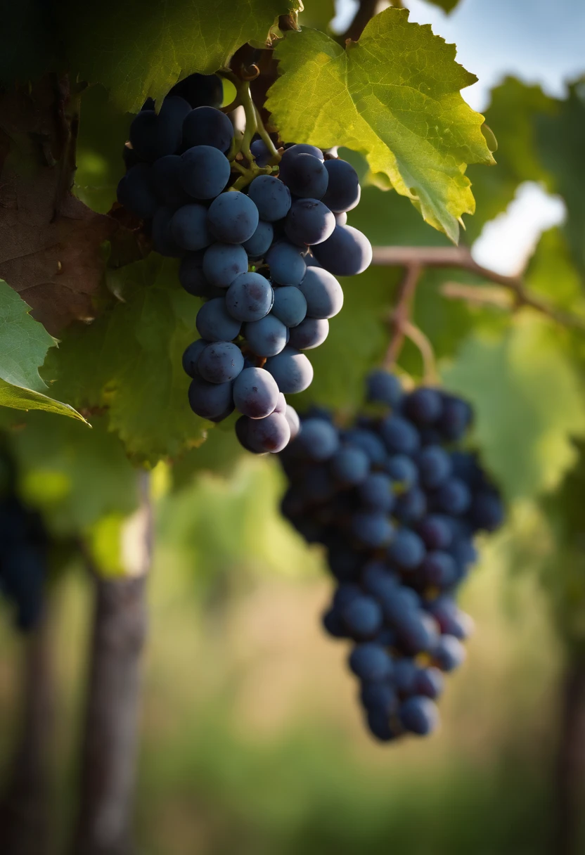 a high-resolution shot of a grapevine in a vineyard, with lush green leaves and clusters of grapes, evoking the beauty and abundance of nature’s harvest
