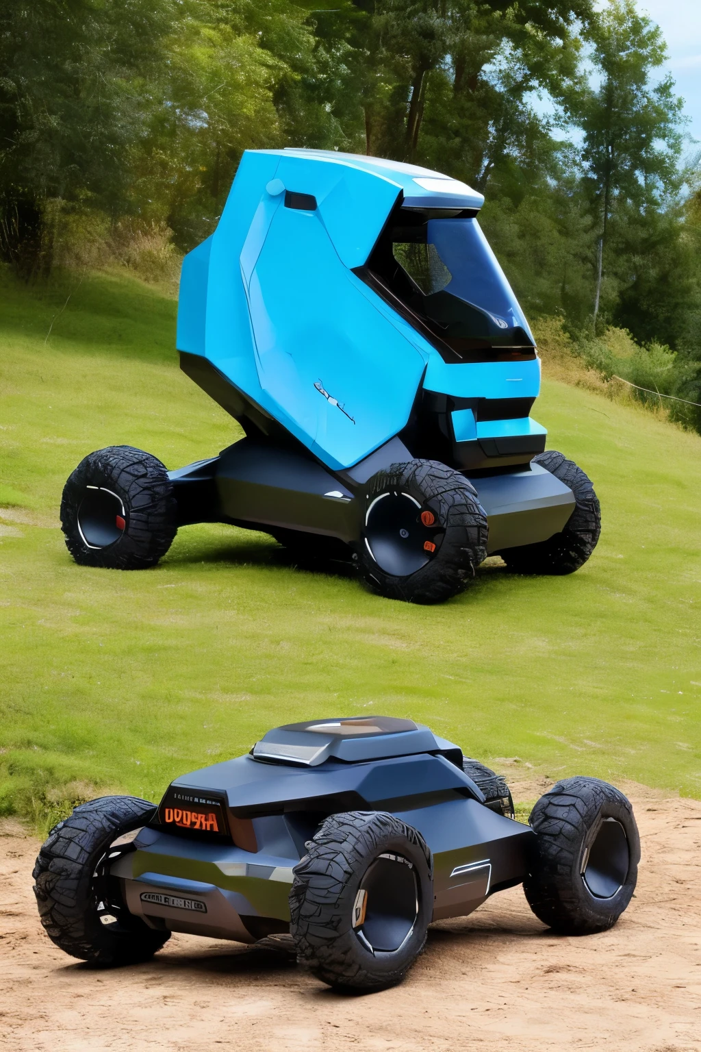 An outdoor off-road rescue robot,Equipped with communication device,There is lidar and robotic arm on the top,There is storage space in the middle,Bottom has suspension and large wheels,The chassis relies on batteries for power,Low profile,military grade,Industrial design style,Product design,Frontal angle,solid color backdrop