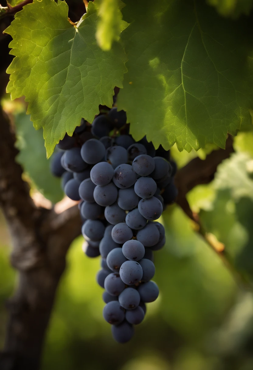 a high-resolution shot of a grapevine in a vineyard, with lush green leaves and clusters of grapes, evoking the beauty and abundance of nature’s harvest