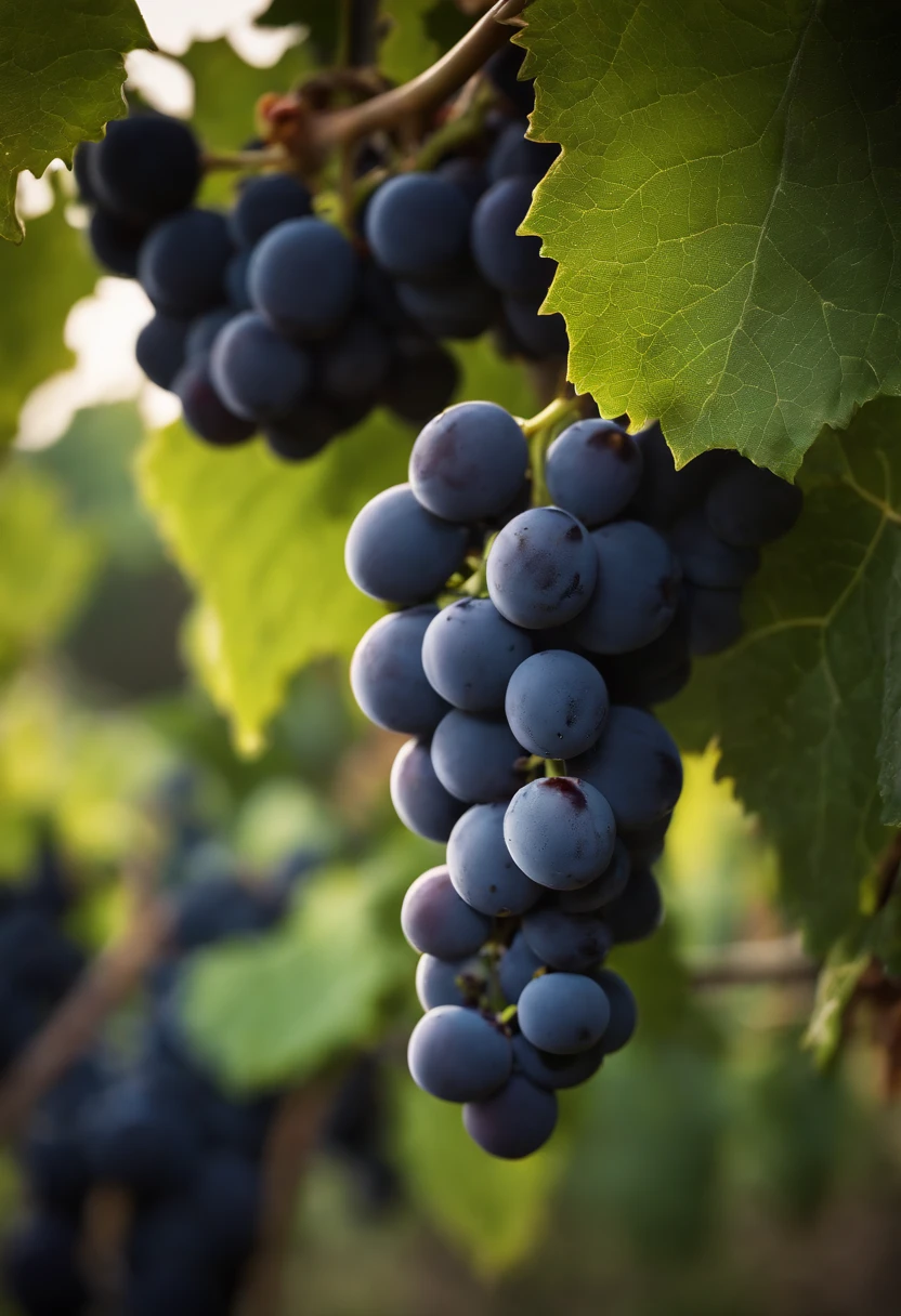 a high-resolution shot of a grapevine in a vineyard, with lush green leaves and clusters of grapes, evoking the beauty and abundance of nature’s harvest