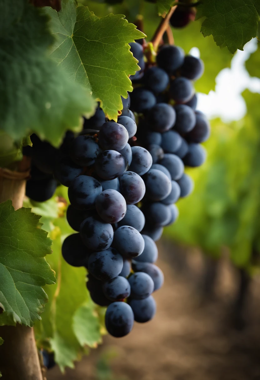 a high-resolution shot of a grapevine in a vineyard, with lush green leaves and clusters of grapes, evoking the beauty and abundance of nature’s harvest