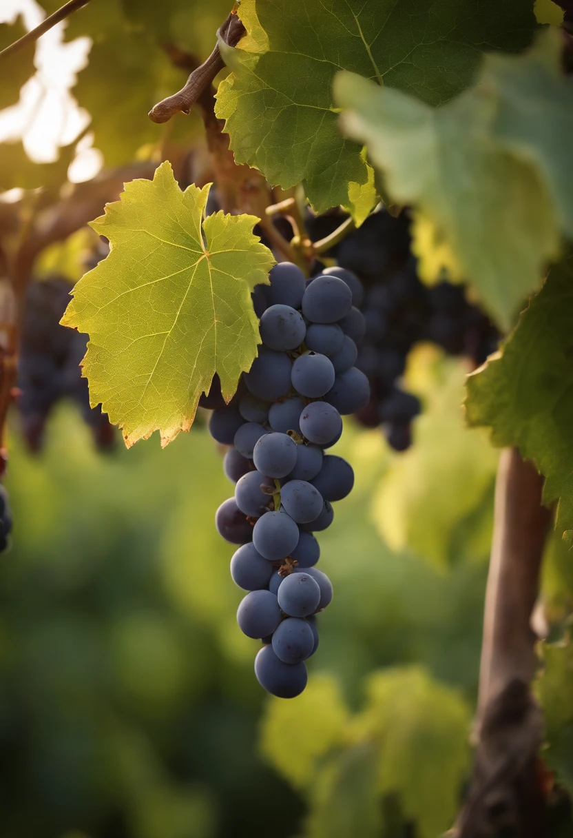 a high-resolution shot of a grapevine in a vineyard, with lush green leaves and clusters of grapes, evoking the beauty and abundance of nature’s harvest