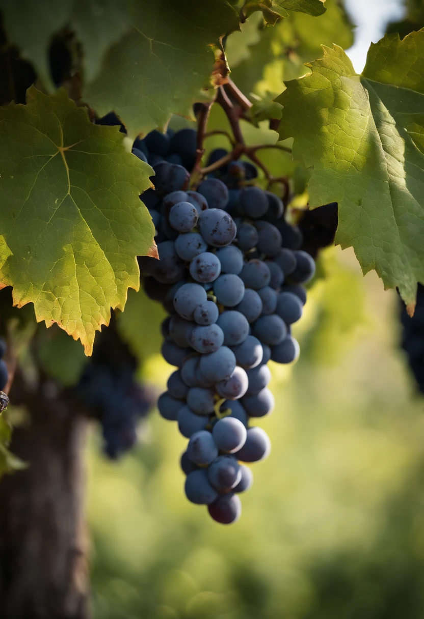 a high-resolution shot of a grapevine in a vineyard, with lush green leaves and clusters of grapes, evoking the beauty and abundance of nature’s harvest