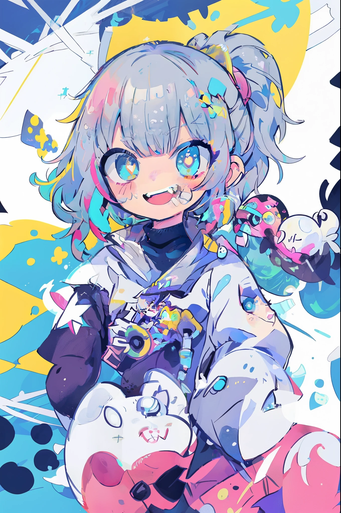 ((masutepiece)), ultra-quality, curly high ponytail girl, Gray hair, Cyberpunk style, blowing bubble candy, dressed in cyberpunk street style clothing. The whole painting is full of science and technology culture, the face is grim, exuding a glacier-like aura, petite figure, Smile, Dynamic Posture, golden section, lens highlights focus, Large aperture, side light effect, White background, clear details, Bright tones, very impactful picture, clear brush, Half body, full of details, Vivid eyes, Chasing light and shadow