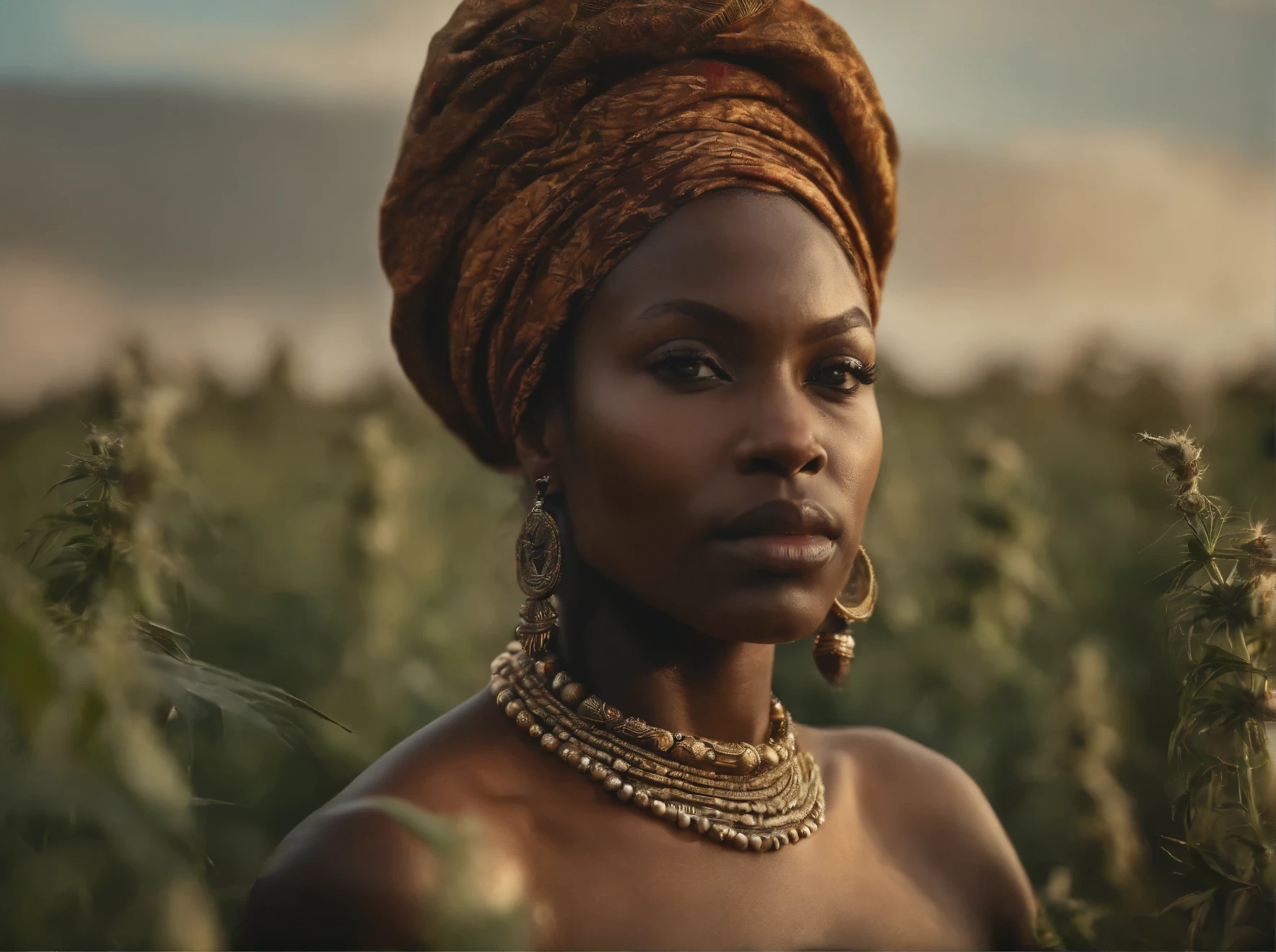 (tribal African woman1.3) outdoors Masterpiece, sativa field, Cannabis sativa field, marrow best quality, hi res, 8k, hi res, 8k, award winning , (classical realistic Victorian oil-painting-style), sharp focus, intricate, detailed illustration, dirty muted colour palette, highly detailed)