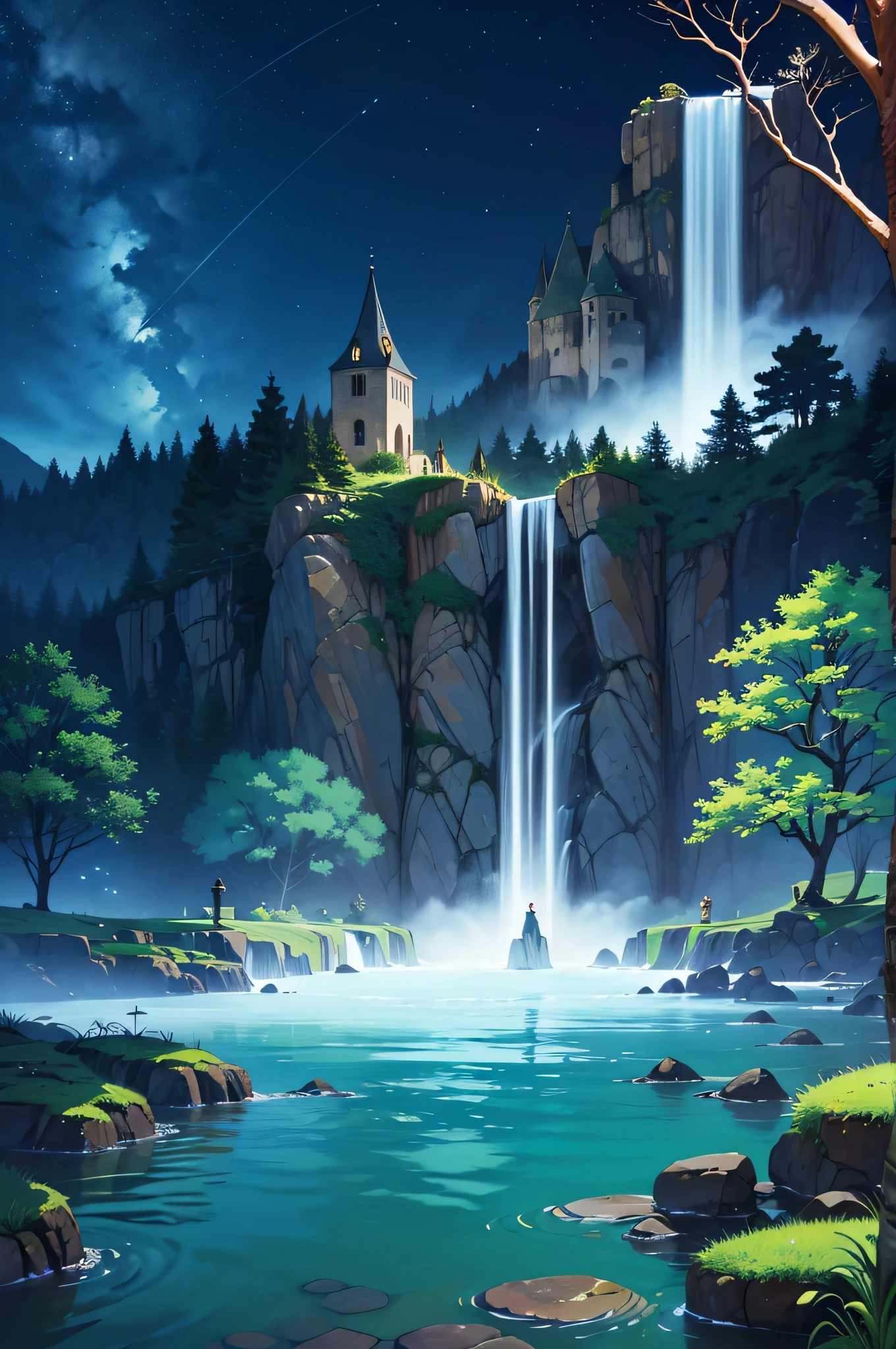 Álfheimr city of elfs,dreamy, ethereal, magical, enchanting, enchanting, mystical, with a lot of stars in the sky, (best quality, 4k, highres, masterpiece:1.2), ultra-detailed, (realistic, photorealistic:1.37), fairy tale-like landscape, vibrant colors, surreal lighting, shimmering starlight, shining moonlight, mysterious shadows, ancient architecture, intricate details, cascading waterfalls, lush greenery, sparkling dewdrops, whimsical flowers, glowing mushrooms, mystical creatures, graceful elves, flowing robes, delicate wings, serene atmosphere, peaceful ambiance, gentle breeze, calm waters, reflective ponds, majestic trees, shimmering reflections, hidden pathways, secret gardens, ethereal fog, luminescent butterflies, soft melodies, a sense of wonder and tranquility.