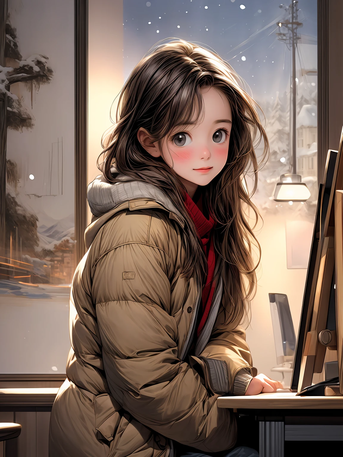 a girl studying in front of the desk, at night , hard-working , in the winter , snowy outside,wearing a cotton-padded jacket, in the style of hyper - realistic town, whimsical beauty, soft brushstroke realism, flat yet expressive, realistic paintings, strong facial expression, soft - edged,Alan Davis::13 --s 400 --style scenic