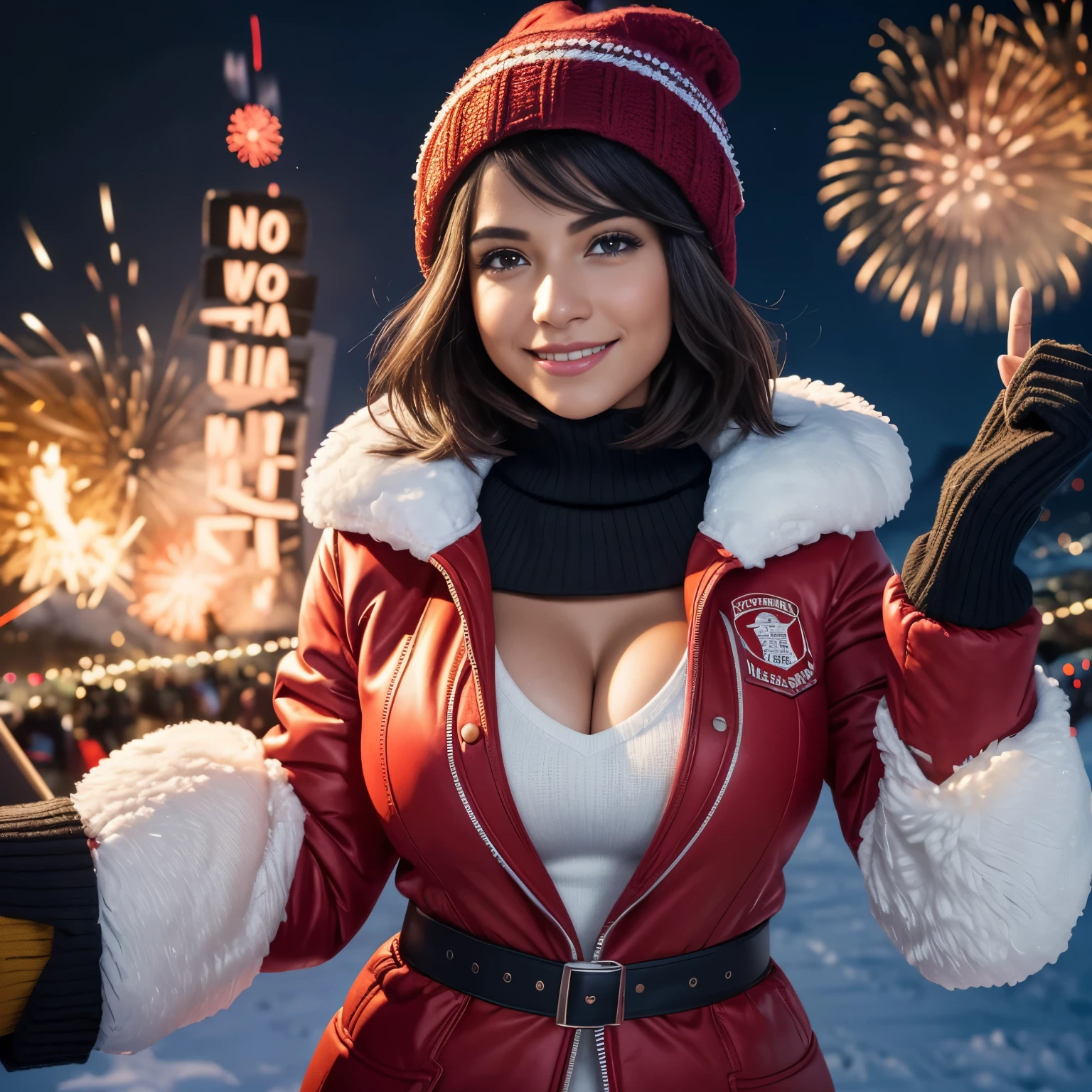 Isabela Merced, smiling, (big breasts), bob_cut hair, cleavage, red jacket, black knee_high socks, snow, mittens, wool hat, celebrating New_Years_Eve, fireworks, norway, (text "2024" in flaming letters:1.5),(skin texture:1.1) , (high detail face:1.1), high detail body, high detail clothes), (realistic), ultra high definition, 4k, ultra high resolution