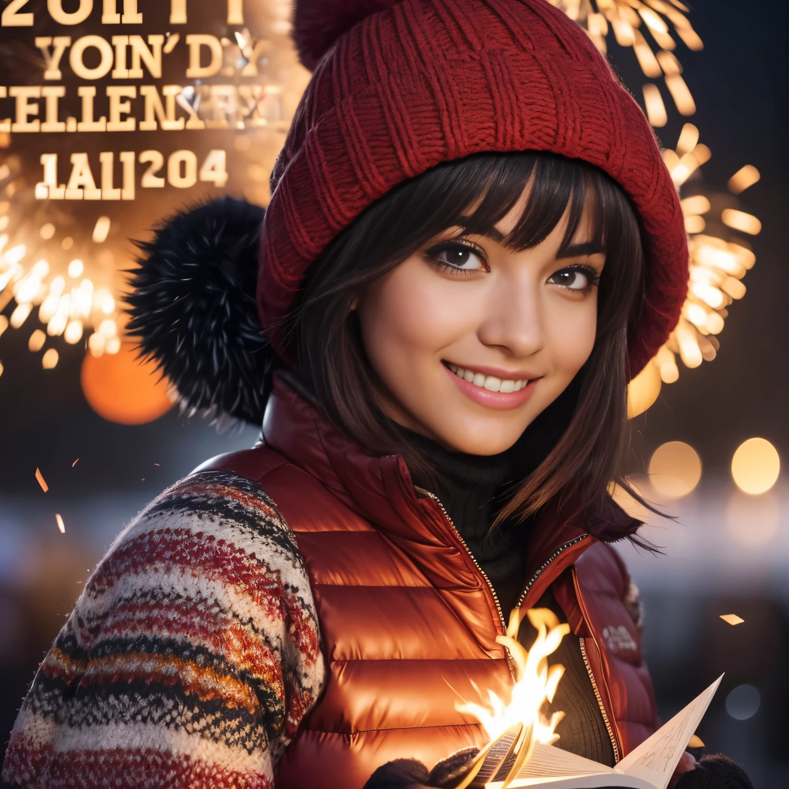 Isabela Merced, smiling, (big breasts), bob_cut hair, cleavage, red jacket, black knee_high socks, snow, mittens, wool hat, celebrating New_Years_Eve, fireworks, norway, (text "2024" in flaming letters:1.5),(skin texture:1.1) , (high detail face:1.1), high detail body, high detail clothes), (realistic), ultra high definition, 4k, ultra high resolution