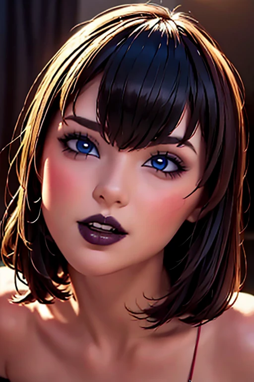 Fine detailed face, perfect blue eyes, pale skin, gothic makeup, short hair with bob style bangs, thick lips and open mouth showing vampire fangs., modelo realmente sorprendente y original