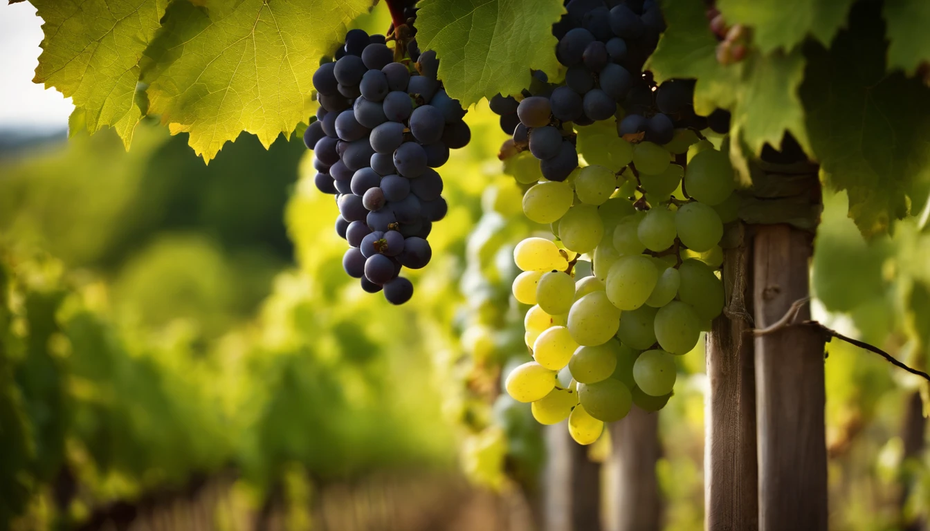 a high-resolution shot of a grapevine in a vineyard, with lush green leaves and clusters of grapes, evoking the beauty and abundance of nature’s harvest