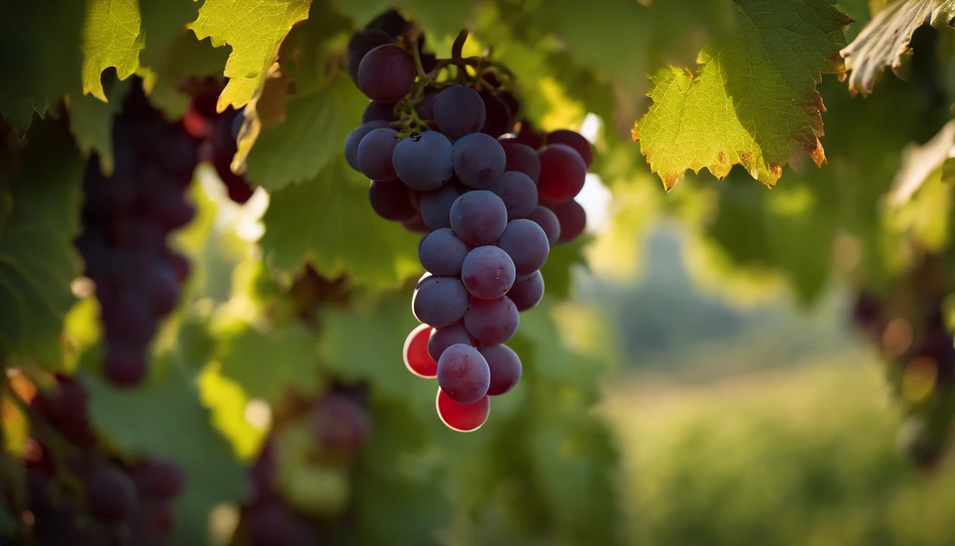 a high-resolution shot of a grapevine in a vineyard, with lush green leaves and clusters of grapes, evoking the beauty and abundance of nature’s harvest