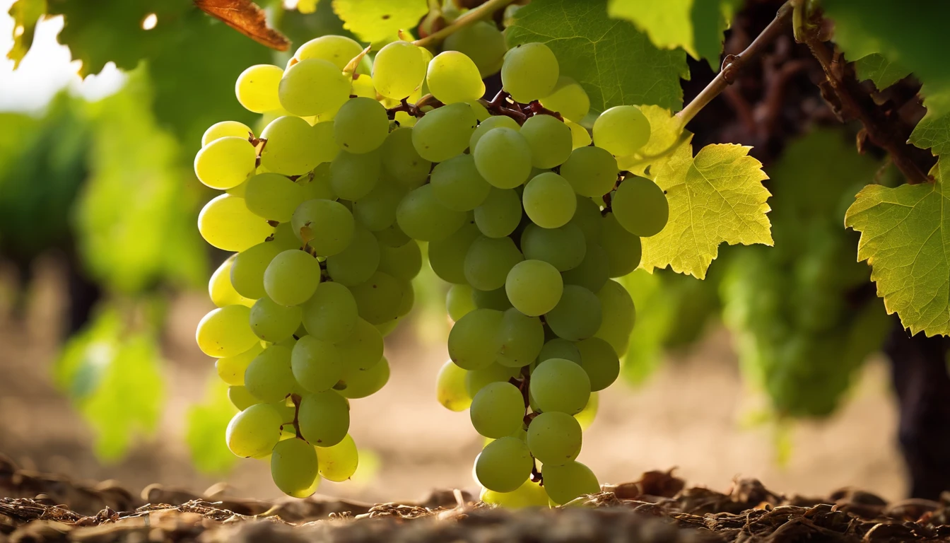 a high-resolution shot of a grapevine in a vineyard, with lush green leaves and clusters of grapes, evoking the beauty and abundance of nature’s harvest