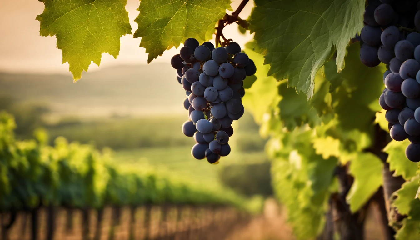 a high-resolution shot of a grapevine in a vineyard, with lush green leaves and clusters of grapes, evoking the beauty and abundance of nature’s harvest