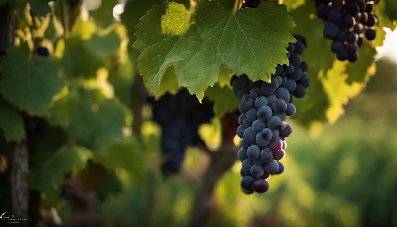 a high-resolution shot of a grapevine in a vineyard, with lush green leaves and clusters of grapes, evoking the beauty and abundance of nature’s harvest