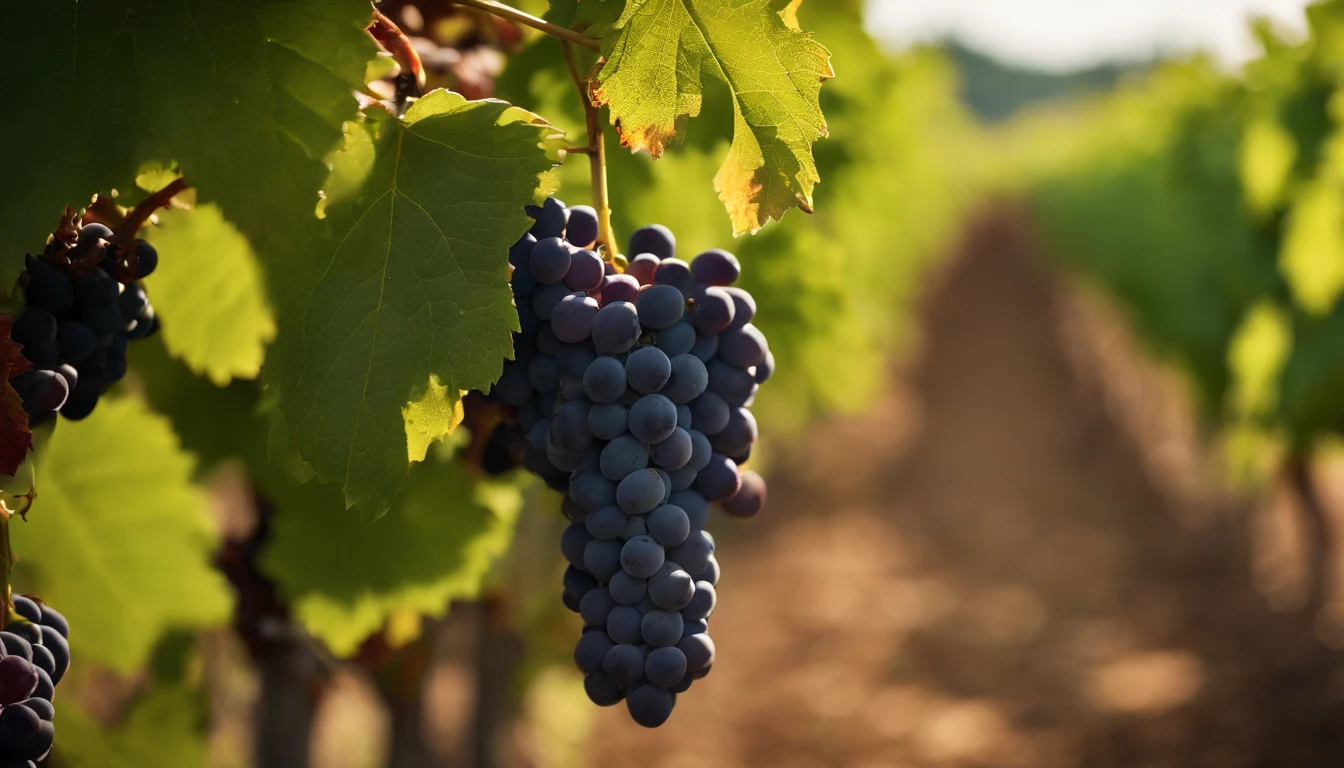 a high-resolution shot of a grapevine in a vineyard, with lush green leaves and clusters of grapes, evoking the beauty and abundance of nature’s harvest