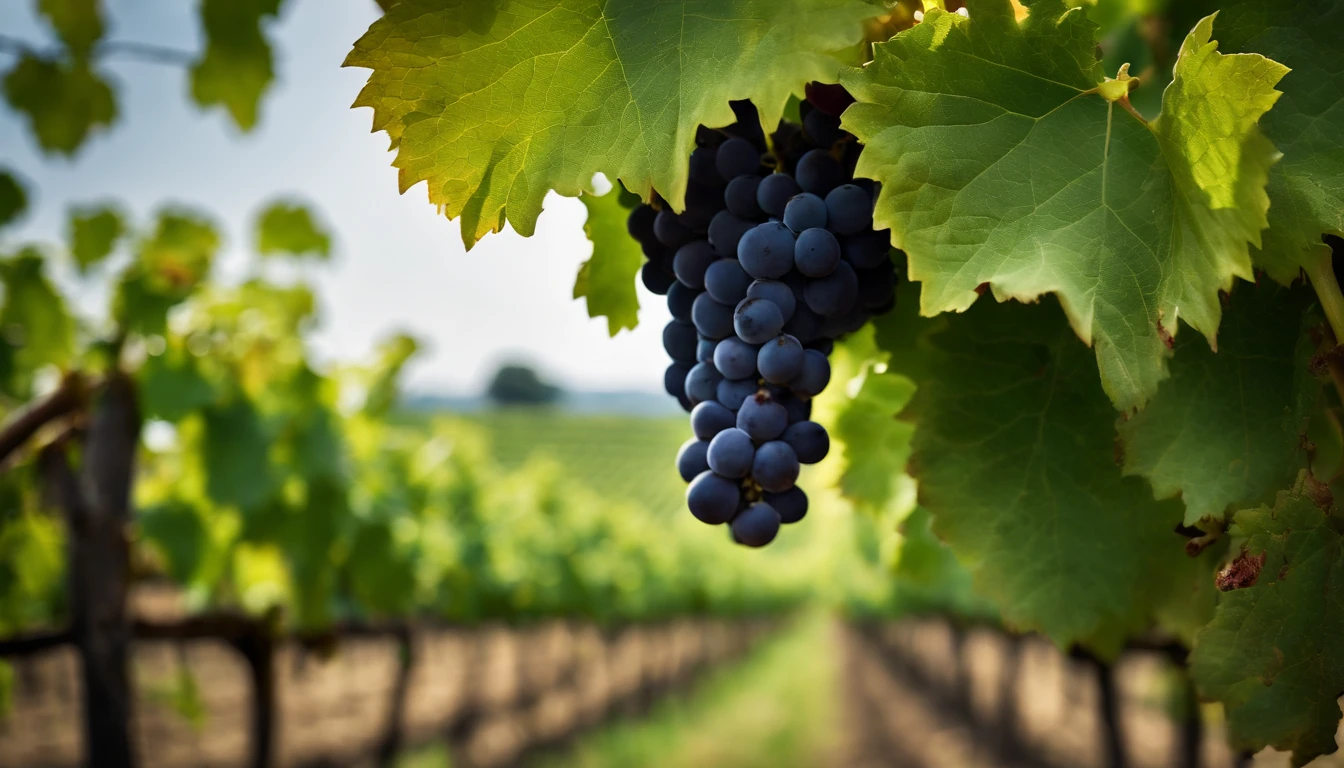 a high-resolution shot of a grapevine in a vineyard, with lush green leaves and clusters of grapes, evoking the beauty and abundance of nature’s harvest