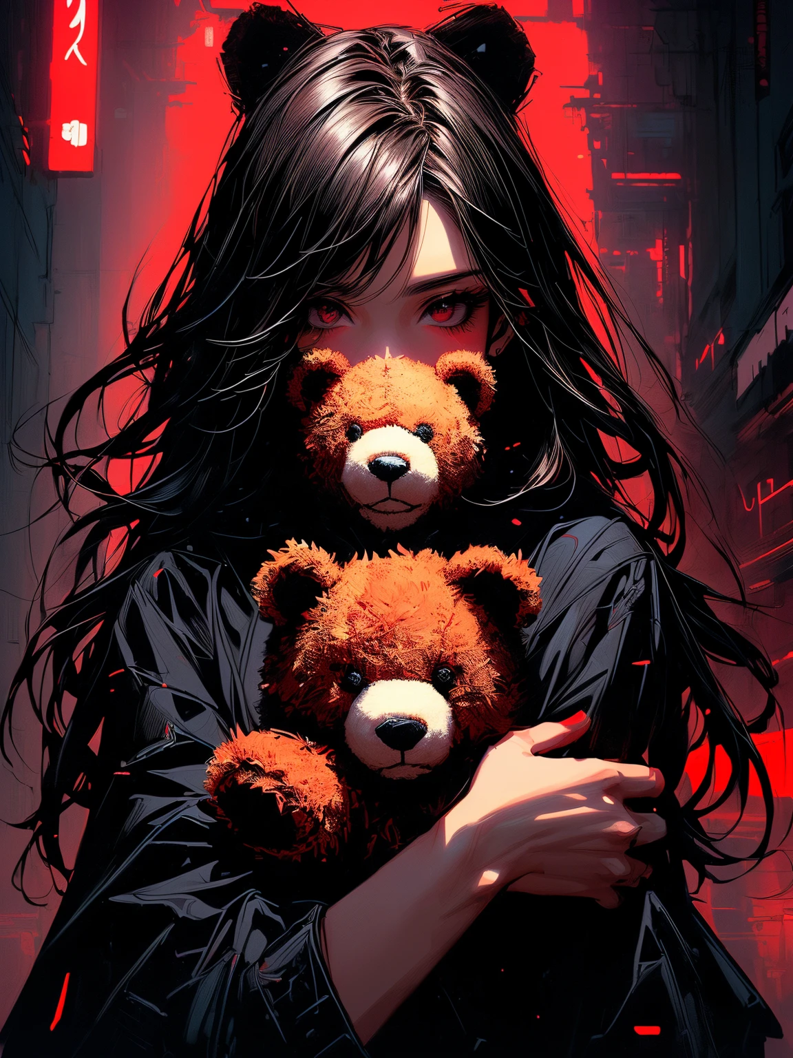 a close up of a person holding a teddy bear((holding a teddy bear)) with a red light, artwork in the style of guweiz, dark art style, dark cyberpunk illustration, fantasy dark art, dark fantasy style art, alena aenami and artgerm, cyberpunk themed art, cyberpunk dark fantasy art, cyberpunk art style, in style of dark fantasy art, dark but detailed digital art