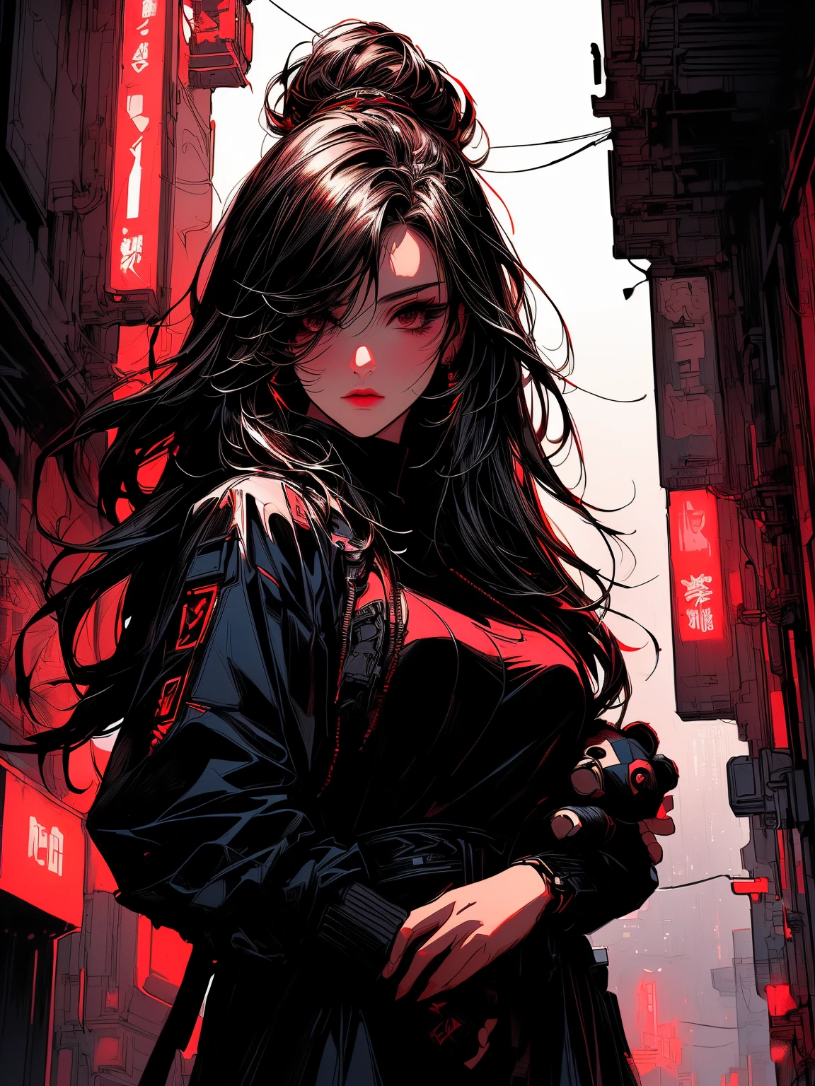 a close up of a person holding a teddy bear((holding a teddy bear)) with a red light, artwork in the style of guweiz, dark art style, dark cyberpunk illustration, fantasy dark art, dark fantasy style art, alena aenami and artgerm, cyberpunk themed art, cyberpunk dark fantasy art, cyberpunk art style, in style of dark fantasy art, dark but detailed digital art