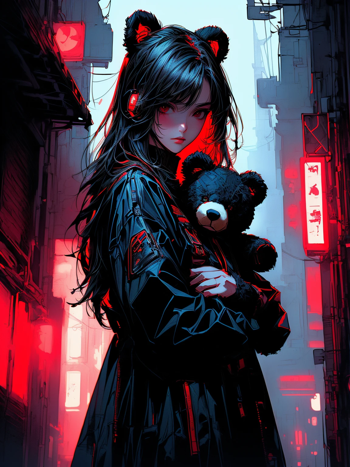 a close up of a person holding a teddy bear((holding a teddy bear)) with a red light, artwork in the style of guweiz, dark art style, dark cyberpunk illustration, fantasy dark art, dark fantasy style art, alena aenami and artgerm, cyberpunk themed art, cyberpunk dark fantasy art, cyberpunk art style, in style of dark fantasy art, dark but detailed digital art
