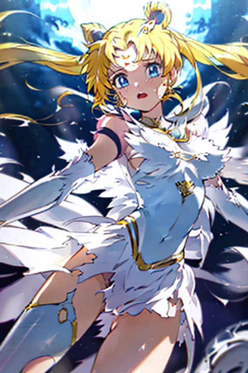 masterpiece,best quality,highly detailed,1girl,solo,blush, hologram,holographic body, dynamic pose,holographic dress, eternal sailor moon, disintegrate effect, from below, big breast, wind blowing, torn clothes, tearing clothes