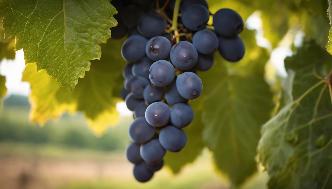 a high-resolution shot of a grapevine in a vineyard, with lush green leaves and clusters of grapes, evoking the beauty and abundance of nature’s harvest