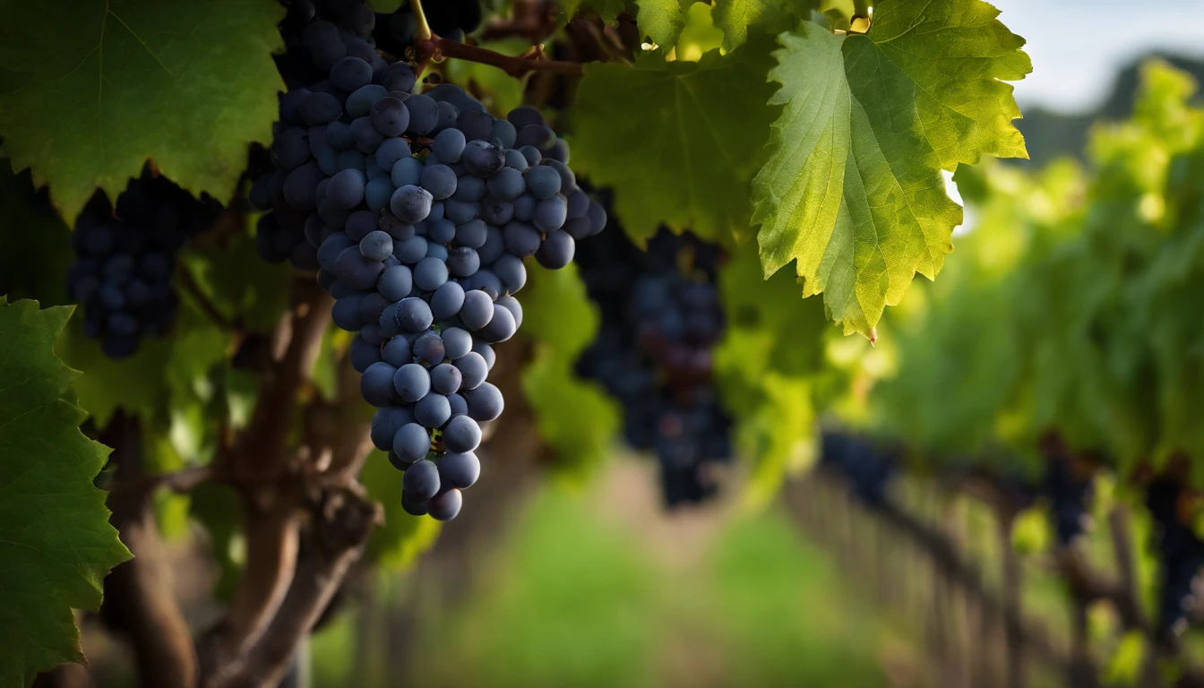 a high-resolution shot of a grapevine in a vineyard, with lush green leaves and clusters of grapes, evoking the beauty and abundance of nature’s harvest