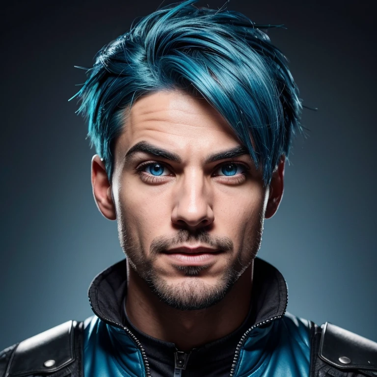 Generate images of the male character, blue haired, expressing excitement, surprise, and curiosity. Capture dynamic facial expressions that convey enthusiasm, astonishment, and inquisitiveness while maintaining the overall tech-savvy and approachable demeanor.