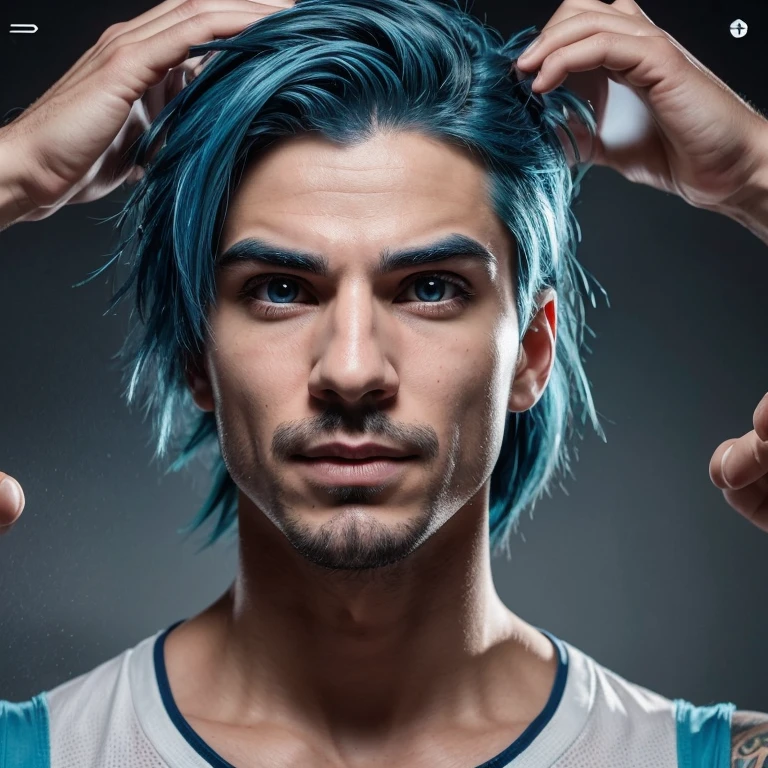 Generate images of the male character, blue haired, expressing excitement, surprise, and curiosity. Capture dynamic facial expressions that convey enthusiasm, astonishment, and inquisitiveness while maintaining the overall tech-savvy and approachable demeanor.
