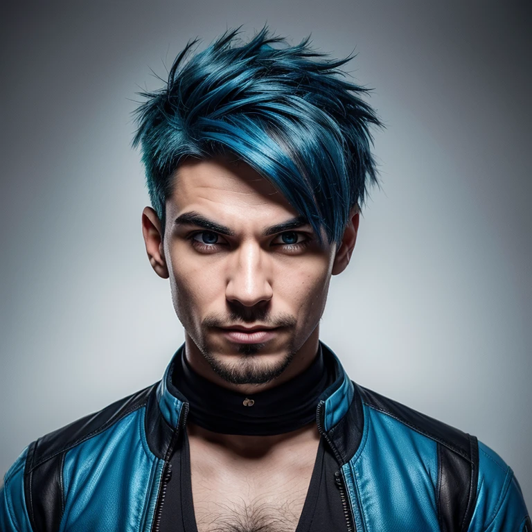 Generate images of the male character, blue haired, expressing excitement, surprise, and curiosity. Capture dynamic facial expressions that convey enthusiasm, astonishment, and inquisitiveness while maintaining the overall tech-savvy and approachable demeanor.