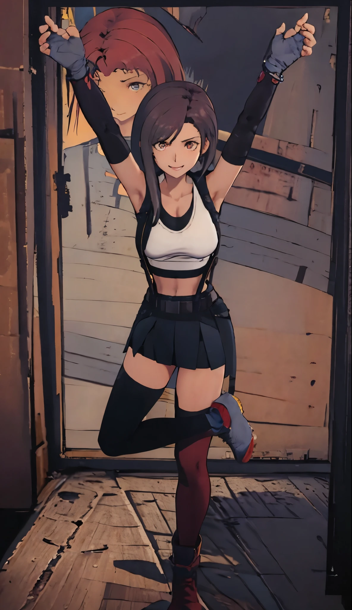 Tifa Lockhart, 1fille, seulement, cheveux long noirs, Regarder vers le ciel, corps droit, corps devant, yeux rouges, manches longues blanches, gilet en cuir ouvert sans manches bleu, jupe cuisse en cuir bleu, visage tourné vers le ciel, sourire, collants noirs, bottes en veau marron, debout sur un pied, les deux bras tendus, les bras levés vers le ciel, Palmes ouvertes, froncement de sourcils, en regardant vers le milieu en haut de l&#39;image, fond de planète verte, une jambe droite, une jambe croisée, les doigts droits pointés vers le ciel, chemise noire, ceinture marron avec boucle jaune