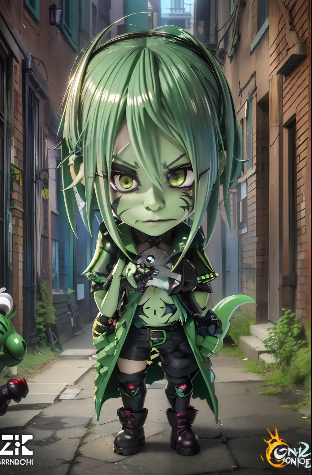 anime character with green hair and green eyes standing in a alley, chibi monster girl, highly detailed character, style as nendoroid, evil zombie, advanced digital chibi art, pathfinder nendoroid, hd artwork, chibi, zbrush central contest winner, water color nendoroid, is evil gremlin, zbrush contest winner, anime monster girl, colored zbrush render