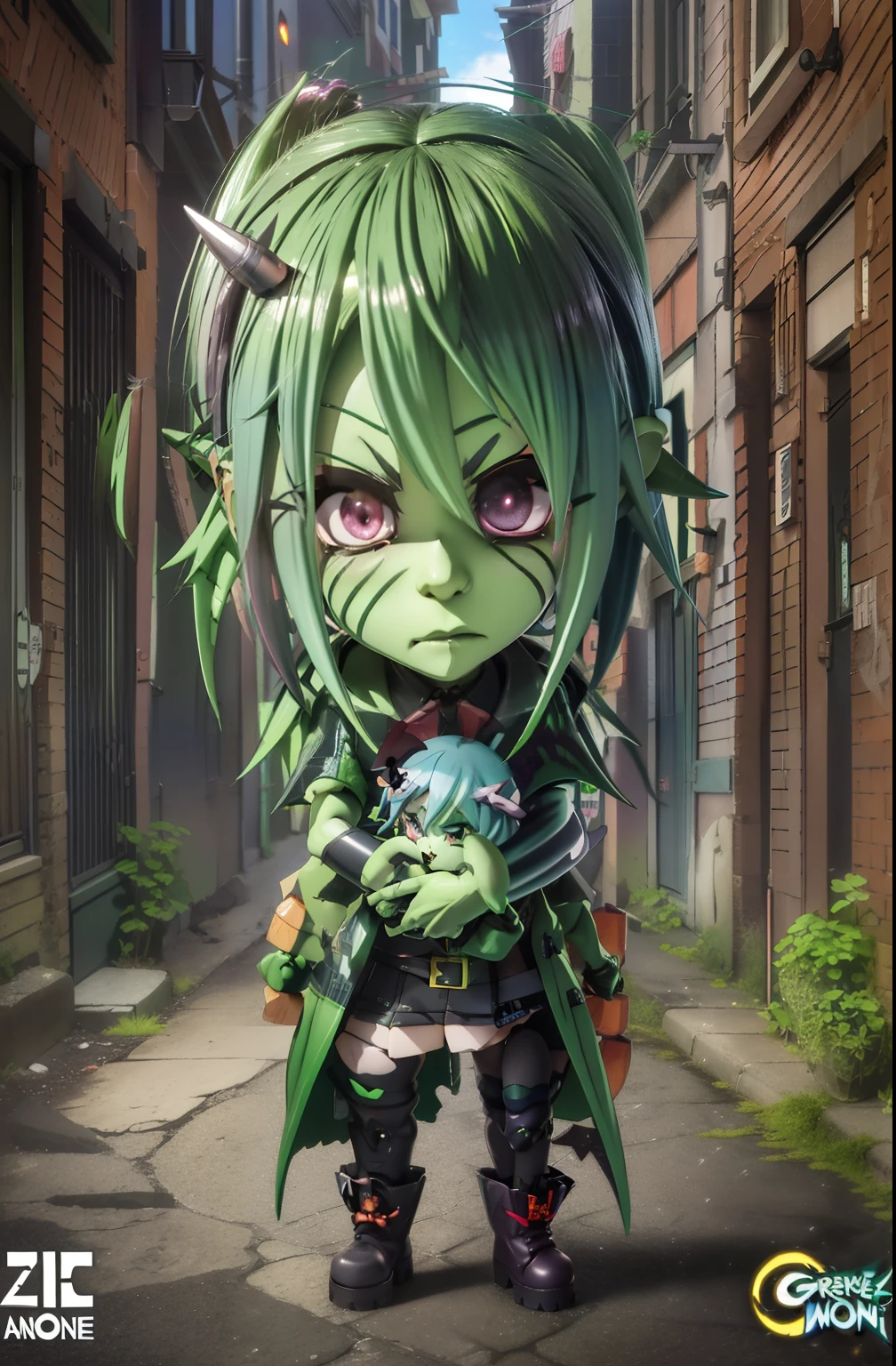 anime character with green hair and green eyes standing in a alley, chibi monster girl, highly detailed character, style as nendoroid, evil zombie, advanced digital chibi art, pathfinder nendoroid, hd artwork, chibi, zbrush central contest winner, water color nendoroid, is evil gremlin, zbrush contest winner, anime monster girl, colored zbrush render