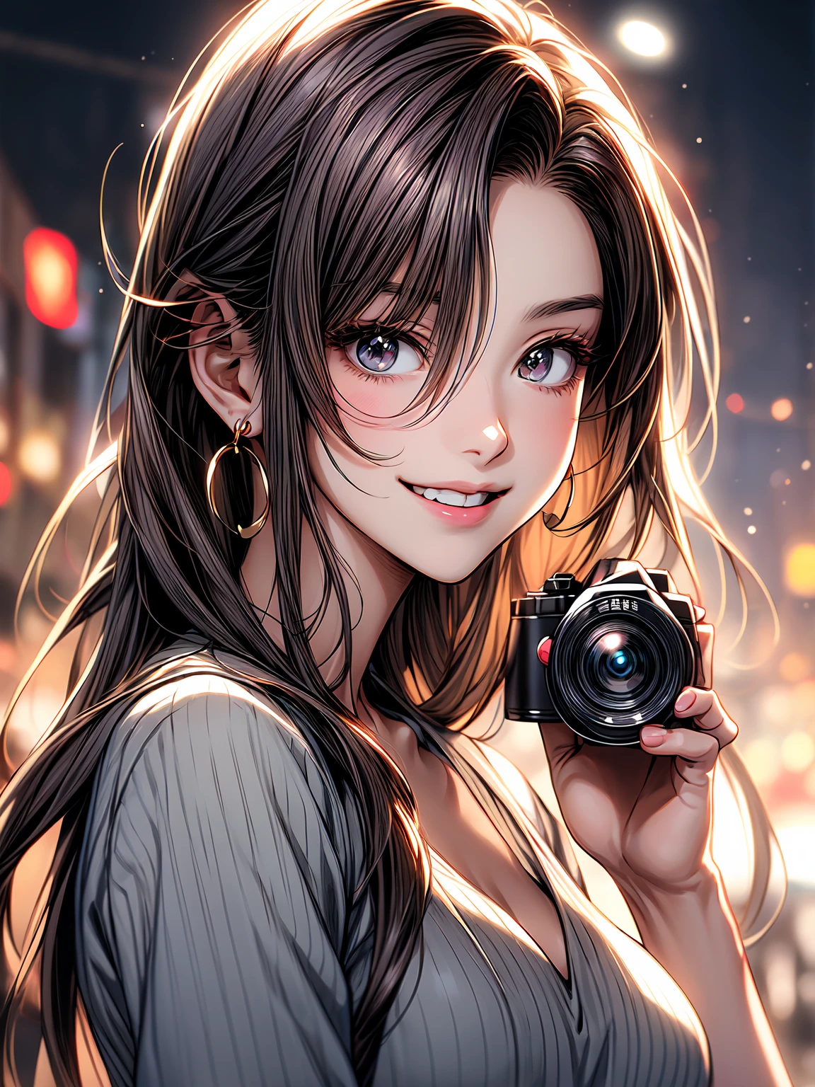 anime girl with camera and earrings holding a camera, beautiful anime portrait, stunning anime face portrait, happy,  laughing, detailed portrait of anime girl, ig model | artgerm, portrait anime girl, detailed digital anime art, extremely detailed artgerm, 8k artgerm bokeh, artgerm. anime illustration, realistic anime artstyle