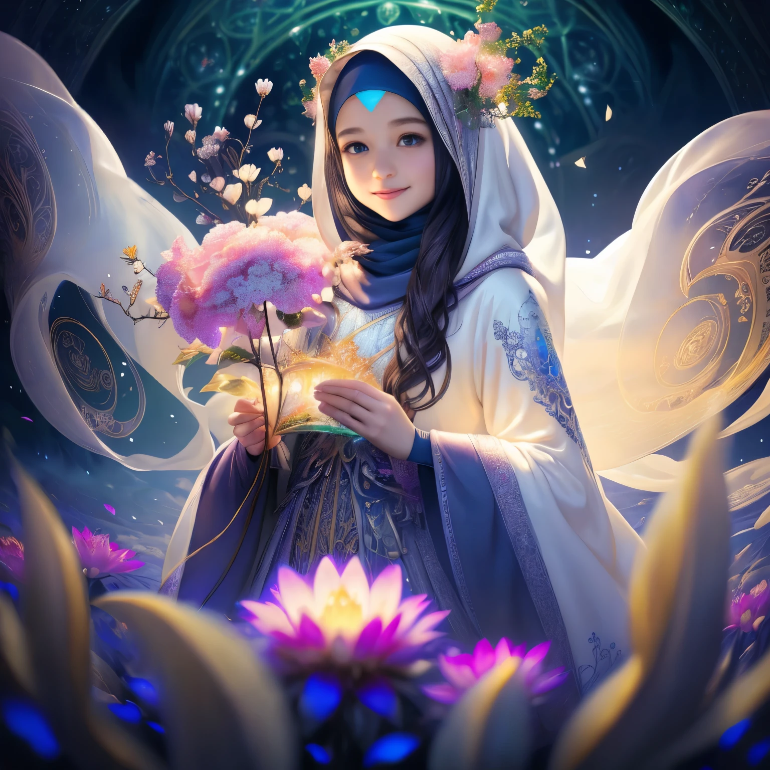 smiling face Subtle girl with flowers Full hijab, full dress, full robe, ethereal fantasy concept art of intricate quilled , vibrant, beautiful quills, hyper detailed, insane depth, gorgeous composition, chaotic but orderly . magnificent, celestial, ethereal, painterly, epic, majestic, magical, fantasy art, cover art, dreamy . magnificent, celestial, ethereal, painterly, epic, majestic, magical, fantasy art, cover art, dreamy