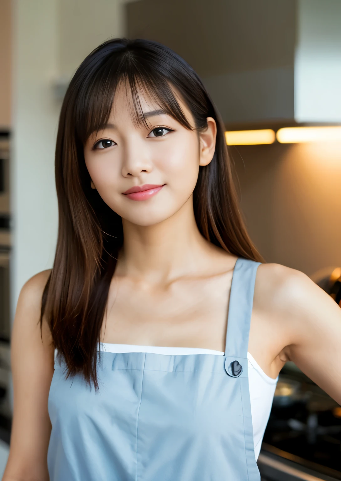 Top resolution, 4K, masutepiece: 1.3), japanese mature, photo of a woman, Sexy: 1.1, Fine eyes, Slender figure, realistic teeth, Double eyelids, sirius face, Full body, Best Quality, Detailed, Beauty, married woman, in kitchen, Wearing a apron,