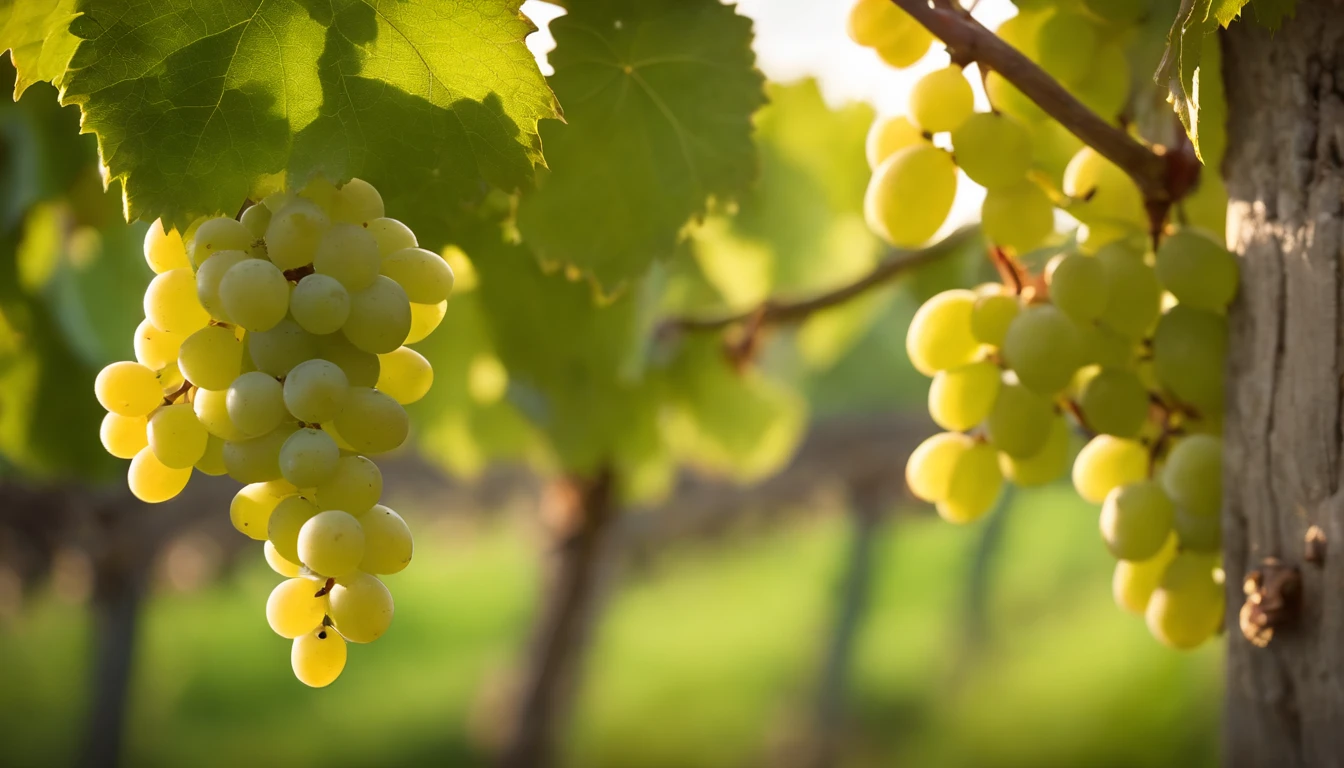a high-resolution shot of a grapevine in a vineyard, with lush green leaves and clusters of grapes, evoking the beauty and abundance of nature’s harvest