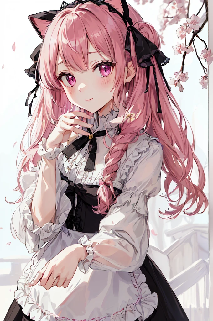 (best quality, masterpiece, intricate clothing, highly detailed clothing, upper body, detailed face, detailed eyes, toon \(style\), anime), assassin, ((black outline:1.3, outlines:1.3, sketch lines:1.1)), Character design，clothing design，Lolita prostitute，Gorgeous dress，mitts，curlies，very intricate，Exquisite，shift dresseow knot，frilld，ribbon，bandagens，princess style，cake, cat, accessories，diamonds, Y2K，E-girls，Unilateral eye patch，Love decoration，subculture，princess, pink, cute, cherry_blossoms, falling_petals, solo,1girl,upper body, looking at viewer,