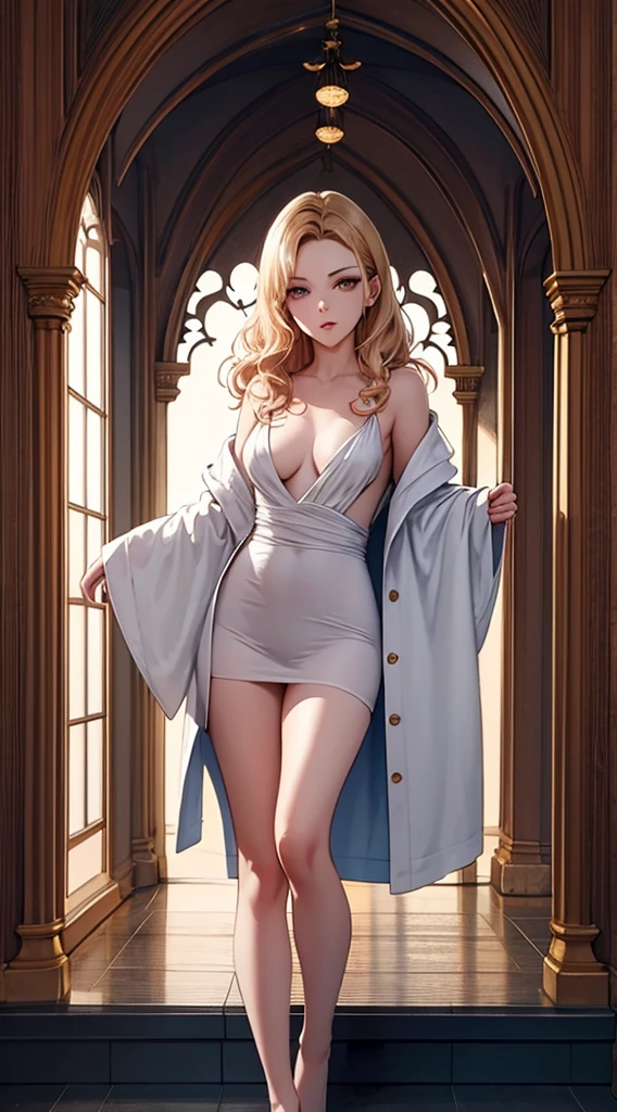 Best Quality,in 8K,hight resolution,((masutepiece:1.2)),Ultra-detailed,Vibrant colors,Beautiful detailed eyes,very beautiful seductive woman,Full body like,Exquisite and sexy collarbone,charming oval face,Double eyelids,rosy lips,small nose,a blond,Medium long hair with loose waves,White clerical robes with golden decorations,Beautiful breasts,Sexy figure,which are full of confidence,Elegant