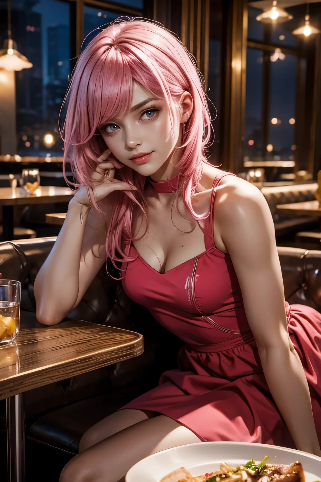 (1Girl, Russian model, Beautiful, smiling, evil, bully, 18yo, ((Messy bubblegum pink hair)), (pink perfects eyes), ((wearing a beutiful and modern ((red)) dress))), ((In a restaurant at night)),