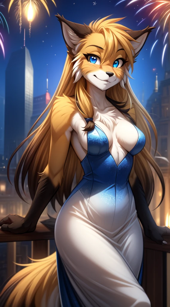 mike-twokinds, mike, twokinds, by tom_fischbach,, (best quality, masterpiece:1), solo, furry female anthro, blue eyes,long hair, black tip yellow hair, fingers, finger claws, looking at viewer, Fox tail, small boobs, in a New Year's dress