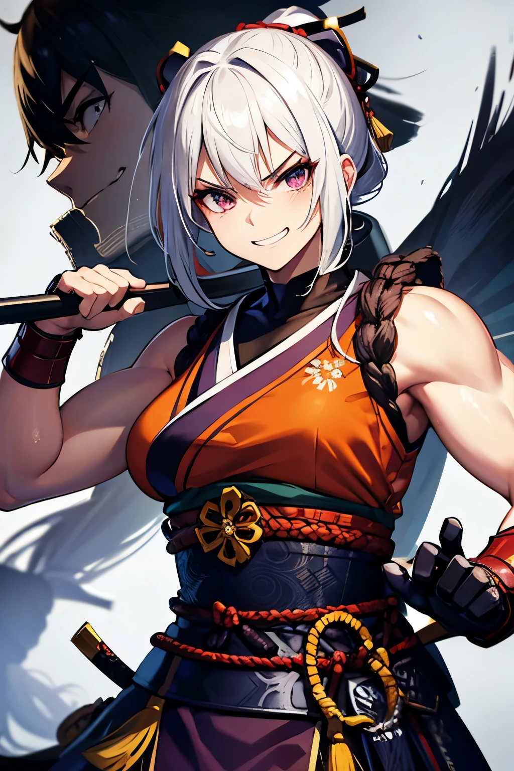Muscular girl, samurai, smug, grin