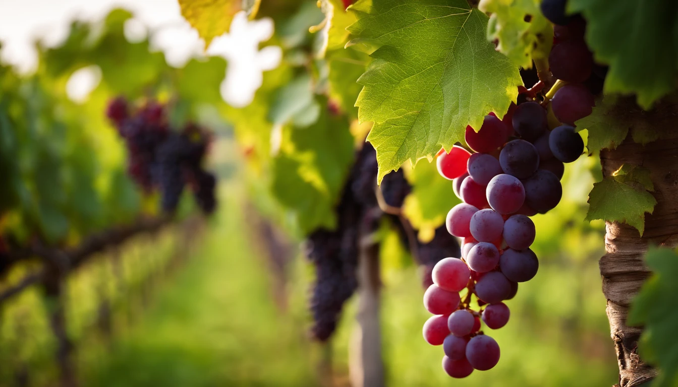 a high-resolution shot of a grapevine in a vineyard, with lush green leaves and clusters of grapes, evoking the beauty and abundance of nature’s harvest