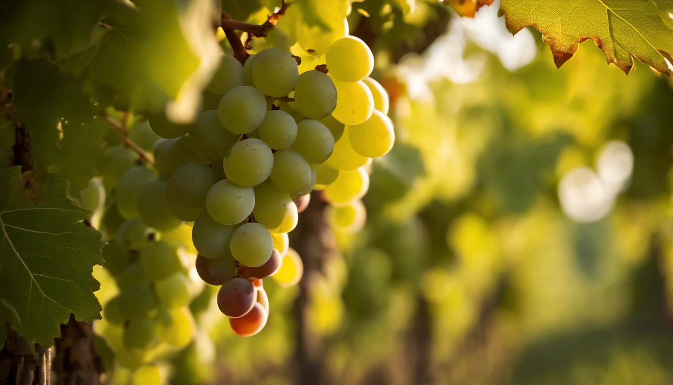 a high-resolution shot of a grapevine in a vineyard, with lush green leaves and clusters of grapes, evoking the beauty and abundance of nature’s harvest