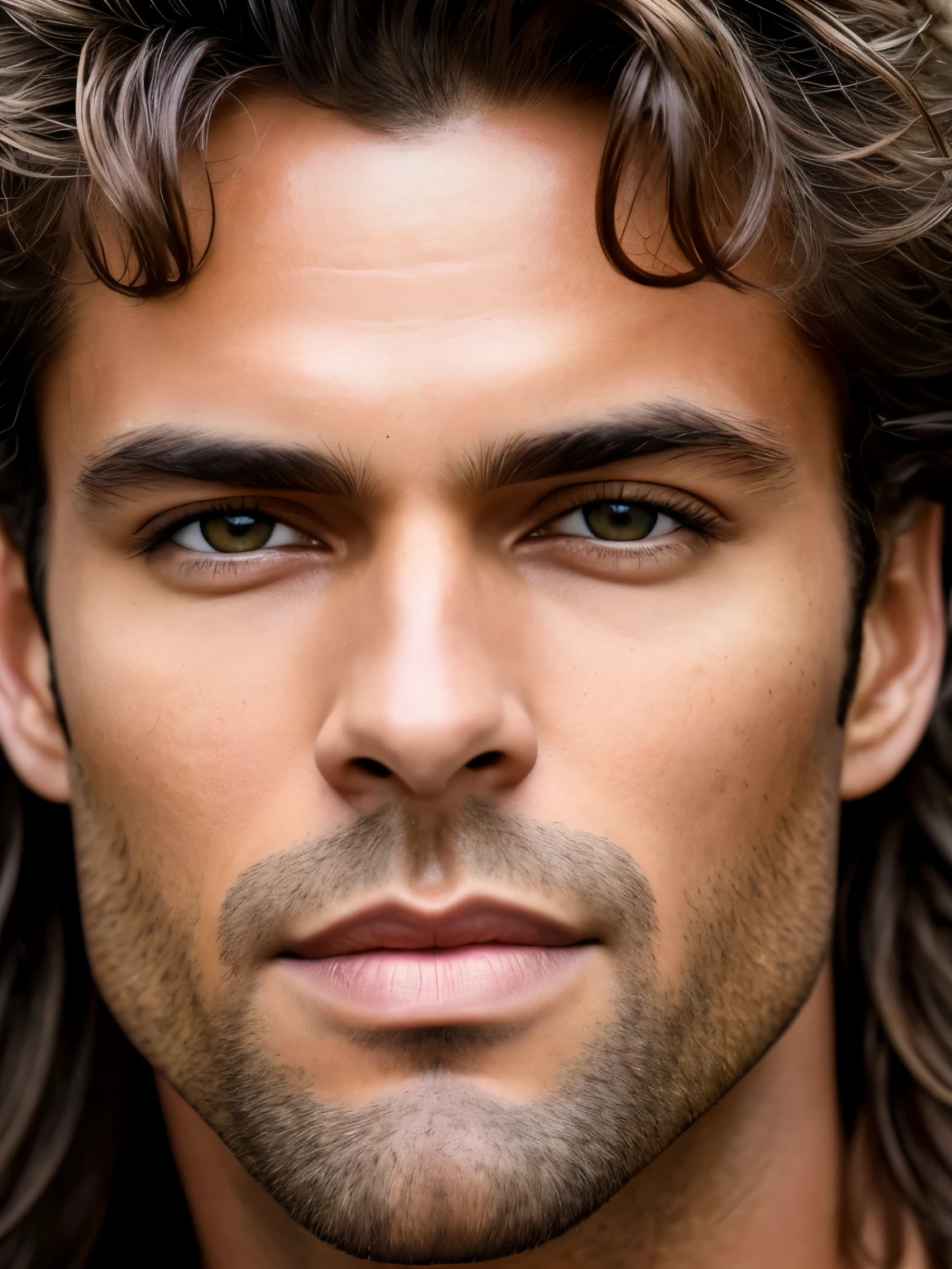 A photorealistic portrait of a stunningly handsome tanned Brazilian male supermodel with no make-up, photo for the cover of a magazine, extremely detailed light honey eyes, detailed symmetric realistic face, extremely detailed natural texture, peach fuzz, windy messy hair, masterpiece, absurdres, award winning photo by lee jeffries, nikon d850 film stock photograph, kodak portra 400 camera f1.6 lens, extremely detailed, amazing, fine detail, rich colors, hyper realistic lifelike texture, dramatic lighting, unrealengine, trending on artstation, cinestill 800 tungsten, looking at the viewer, photo realistic, RAW photo, TanvirTamim, high quality, highres, sharp focus, extremely detailed, cinematic lighting, 8k uhd,-imagine-