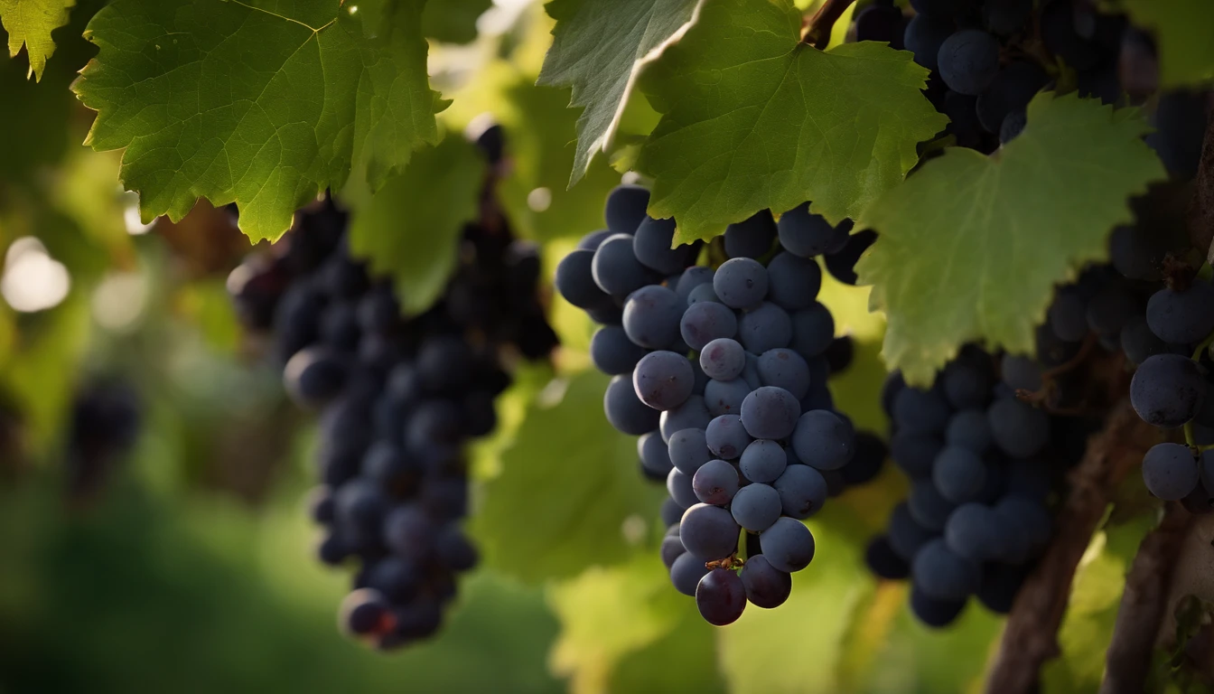 a high-resolution shot of a grapevine in a vineyard, with lush green leaves and clusters of grapes, evoking the beauty and abundance of nature’s harvest