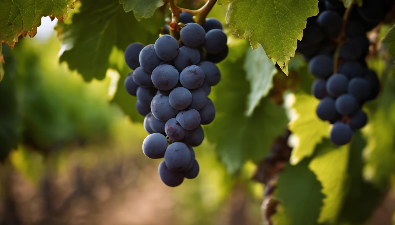 a high-resolution shot of a grapevine in a vineyard, with lush green leaves and clusters of grapes, evoking the beauty and abundance of nature’s harvest