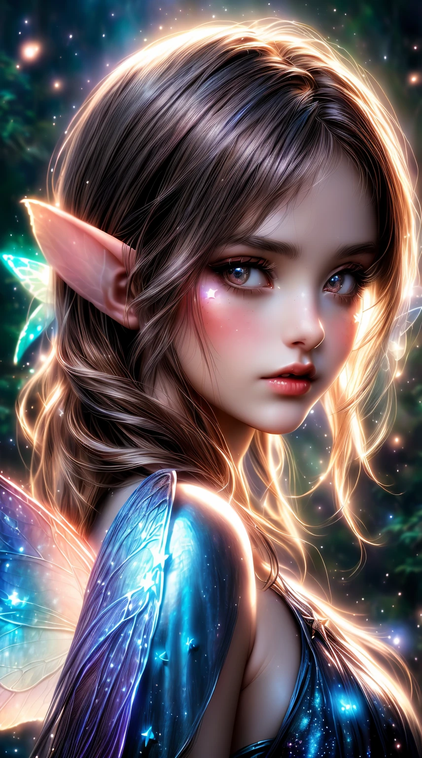 a close up of a woman with a fairy wings and stars, portrait of a fairy, beautiful fantasy art, fantasy gorgeous lighting, beautiful fairy, fantasy art style, beautiful digital artwork, portrait of fairy, brunette fairy woman, beautiful fantasy art portrait, very beautiful fantasy art, brunette elf with fairy wings, digital fantasy art ), beautiful fairies, glowing with magic, beautiful fantasy portrait