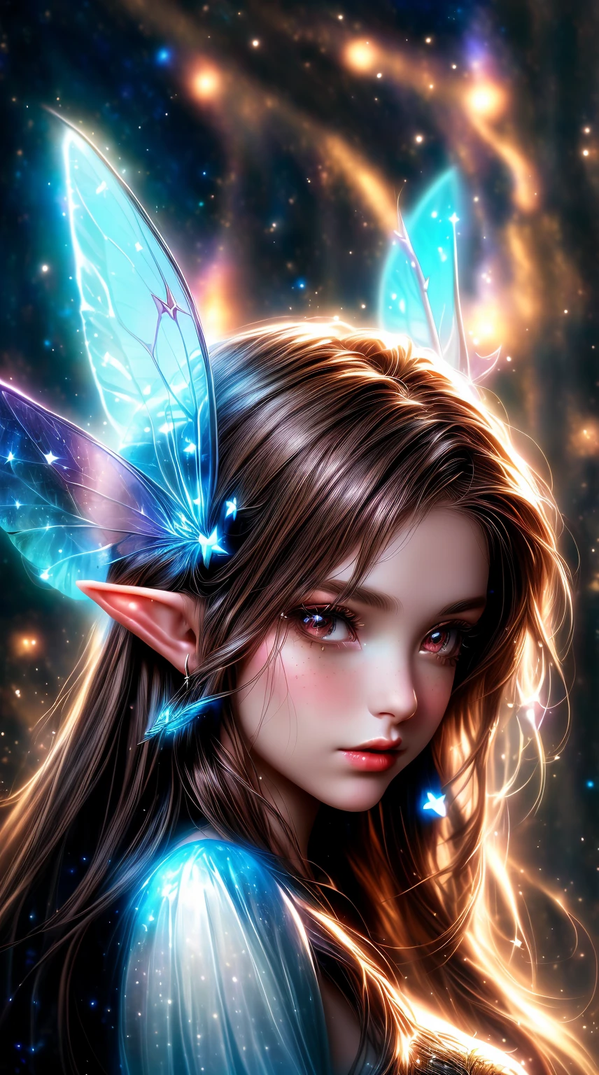 a close up of a woman with a fairy wings and stars, portrait of a fairy, beautiful fantasy art, fantasy gorgeous lighting, beautiful fairy, fantasy art style, beautiful digital artwork, portrait of fairy, brunette fairy woman, beautiful fantasy art portrait, very beautiful fantasy art, brunette elf with fairy wings, digital fantasy art ), beautiful fairies, glowing with magic, beautiful fantasy portrait